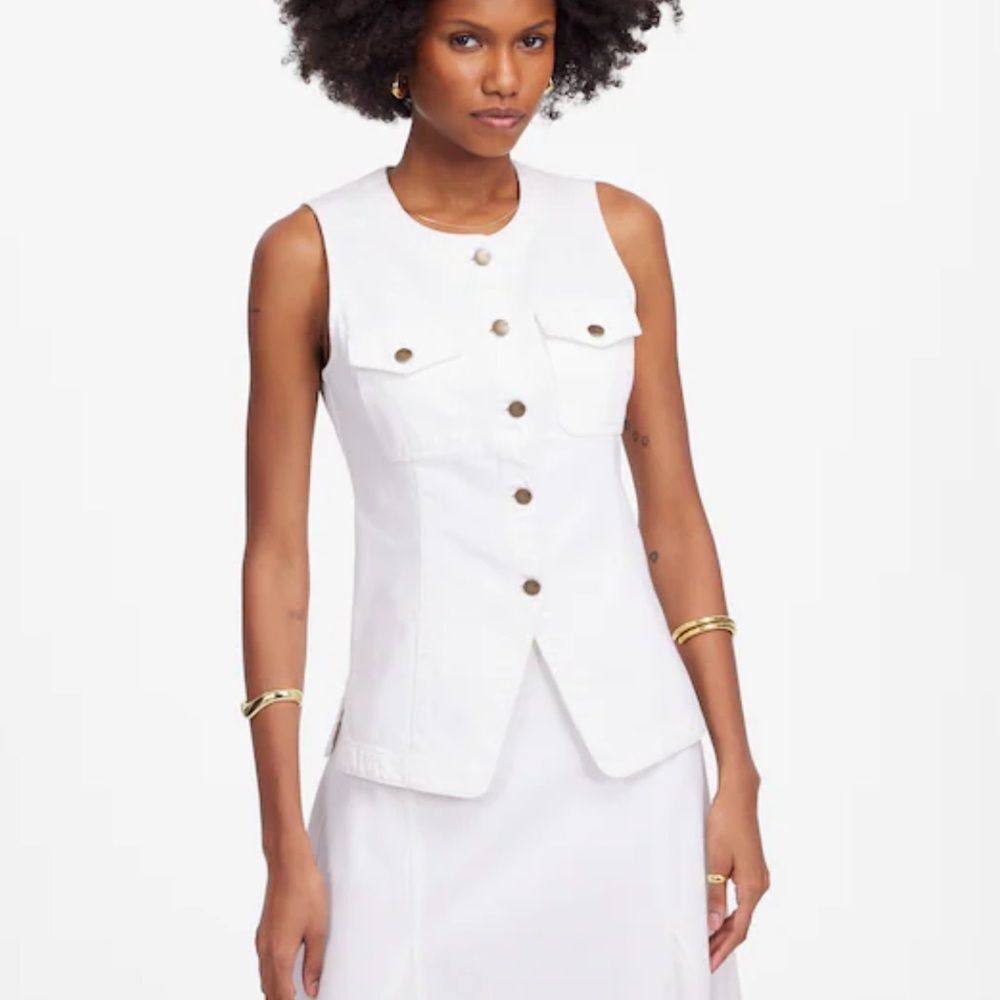 Madewell Denim High Crew Neck Vest NWT Size 8 Ivory Cream Utility Patch Pockets